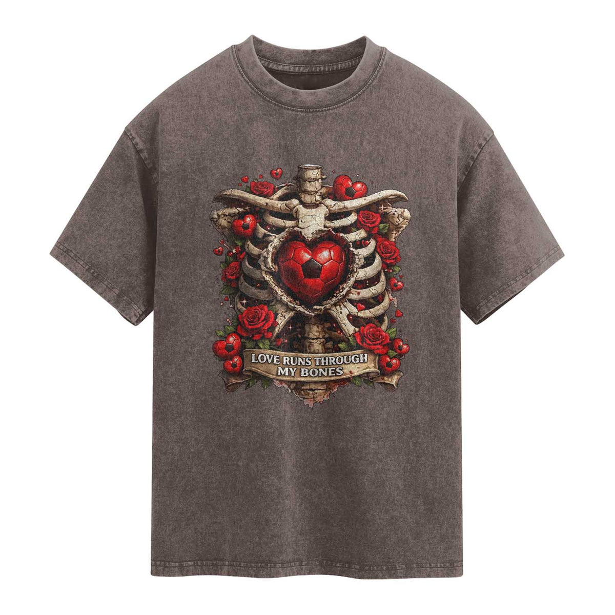 Love Runs Through My Bones Washed Cotton T-Shirt Funny Skeleton Soccer Player Gift