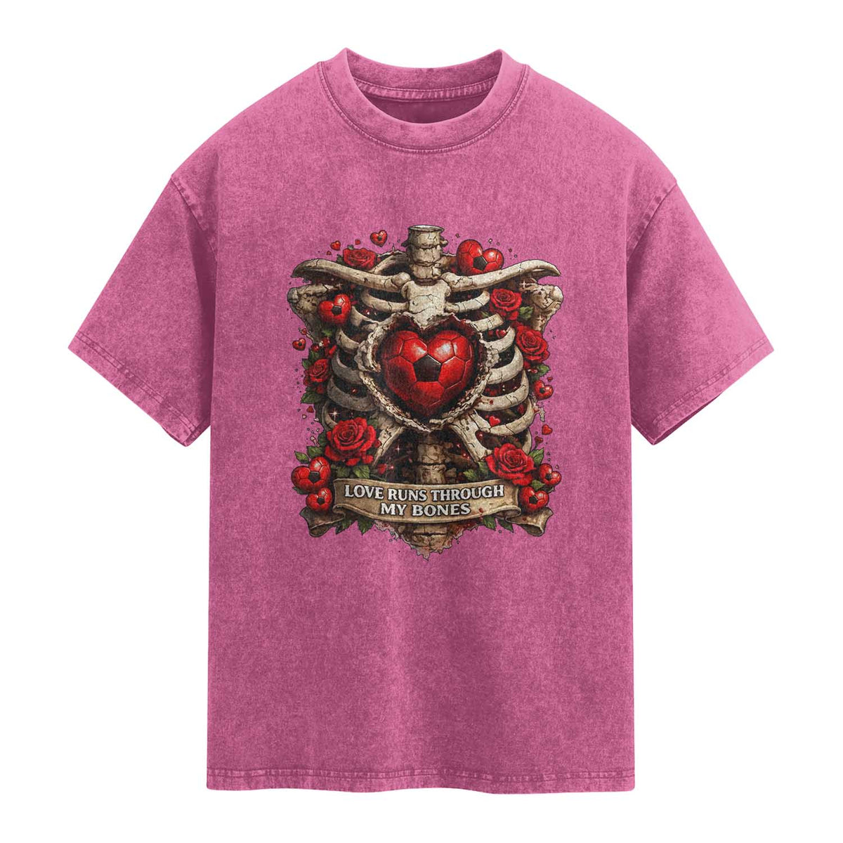 Love Runs Through My Bones Washed Cotton T-Shirt Funny Skeleton Soccer Player Gift