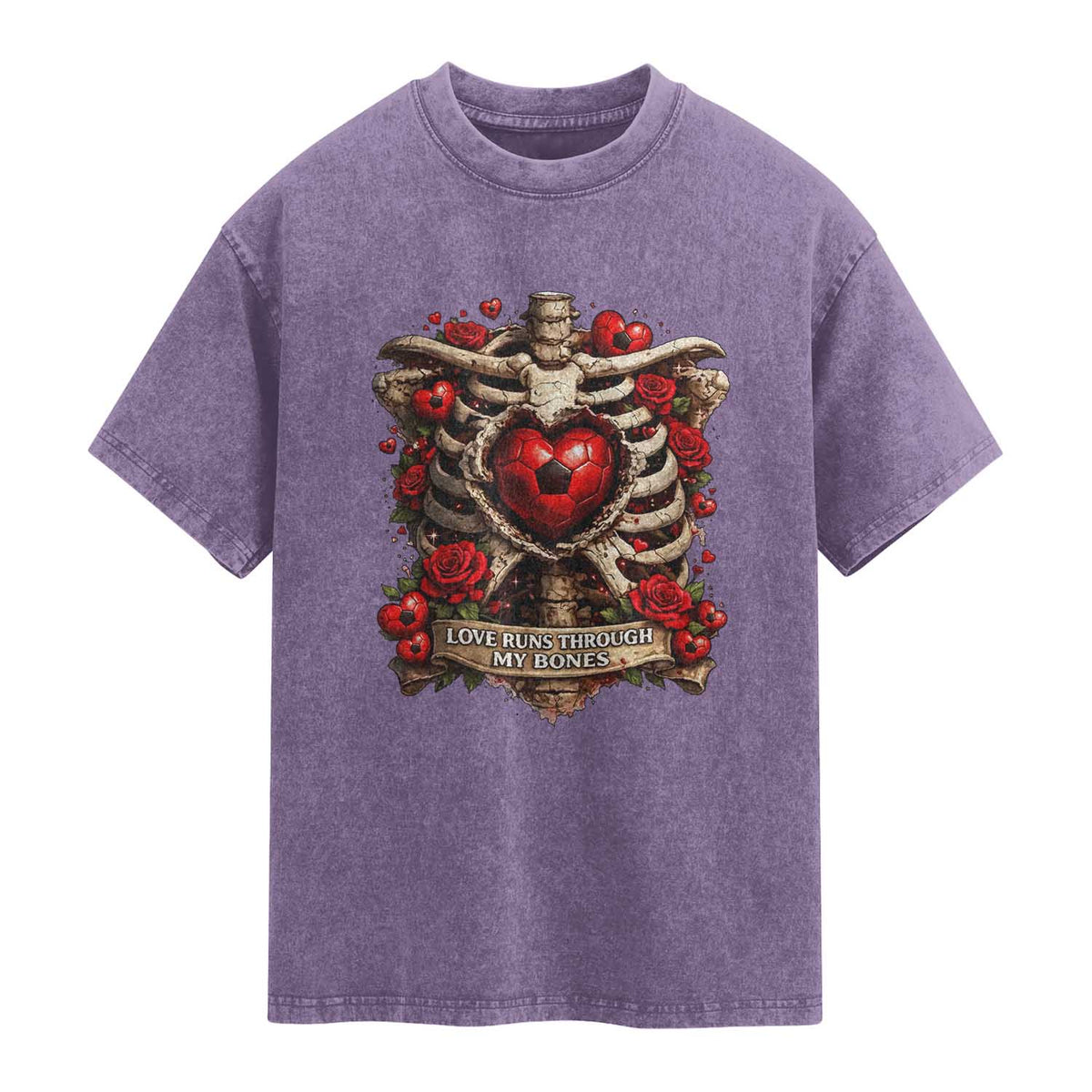 Love Runs Through My Bones Washed Cotton T-Shirt Funny Skeleton Soccer Player Gift