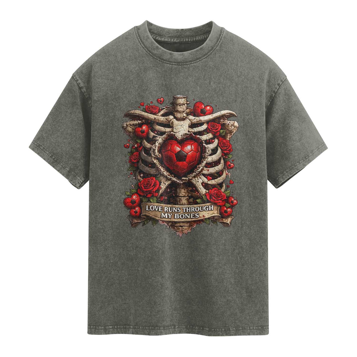 Love Runs Through My Bones Washed Cotton T-Shirt Funny Skeleton Soccer Player Gift