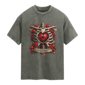 Love Runs Through My Bones Washed Cotton T-Shirt Funny Skeleton Soccer Player Gift