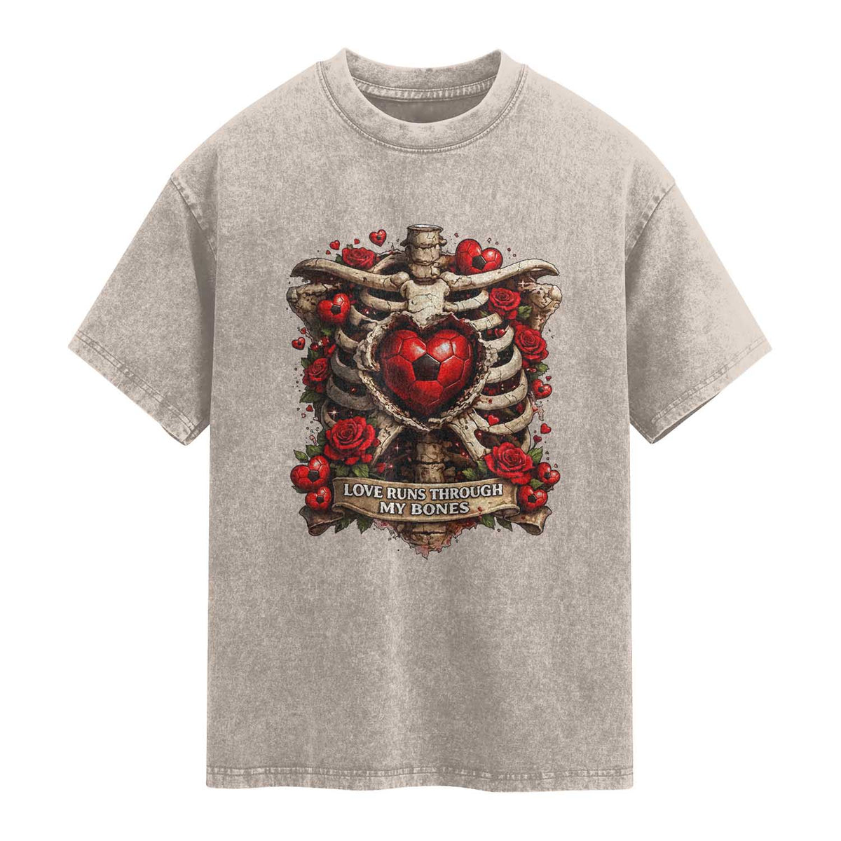 Love Runs Through My Bones Washed Cotton T-Shirt Funny Skeleton Soccer Player Gift