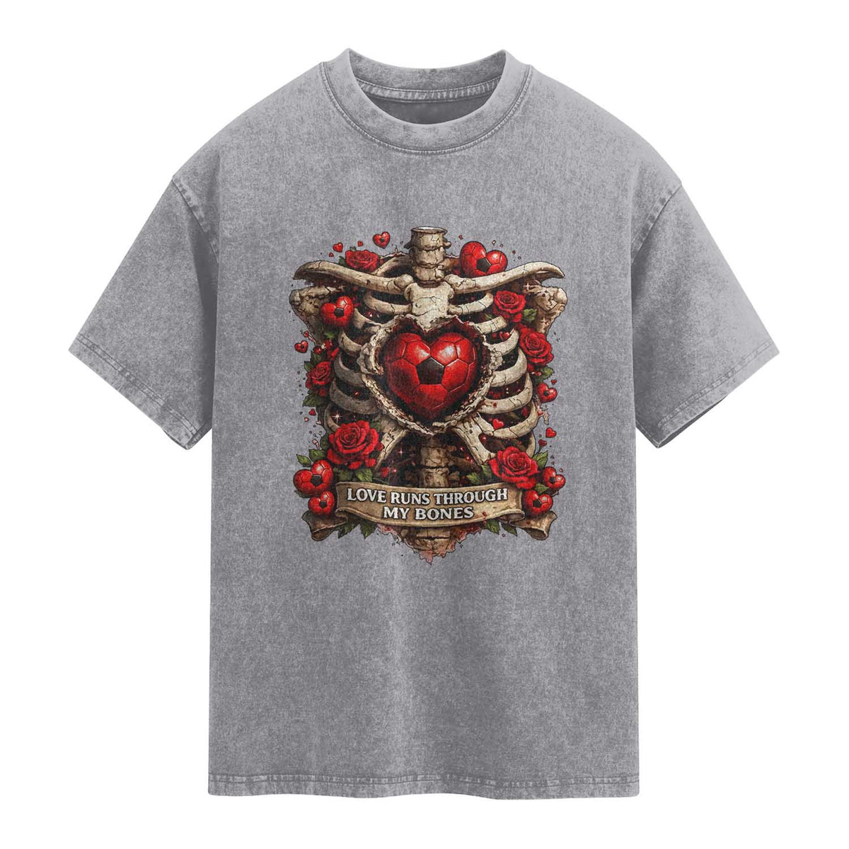 Love Runs Through My Bones Washed Cotton T-Shirt Funny Skeleton Soccer Player Gift