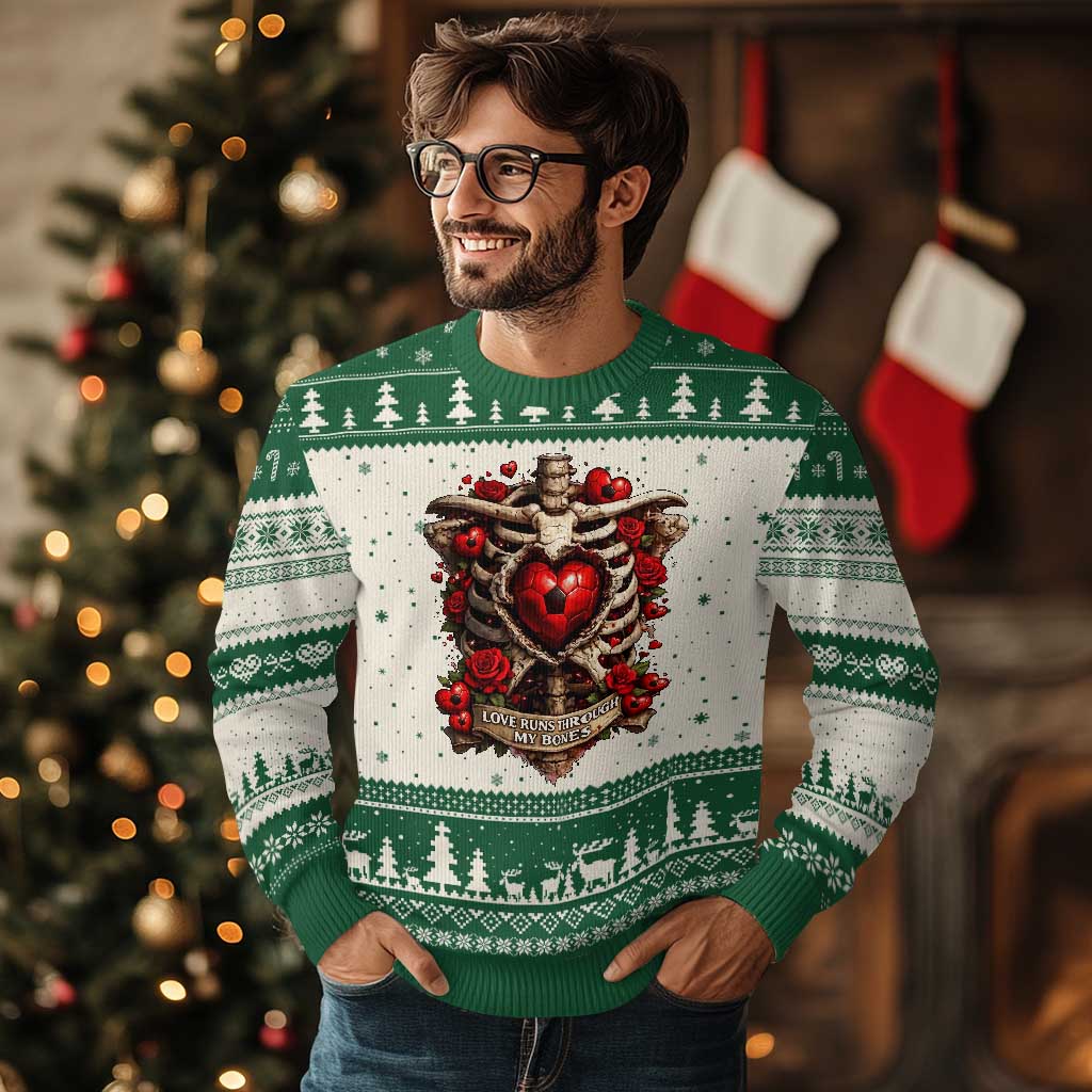 Love Runs Through My Bones Ugly Christmas Sweater Funny Skeleton Soccer Player Gift TS12 Beige Green Print Your Wear