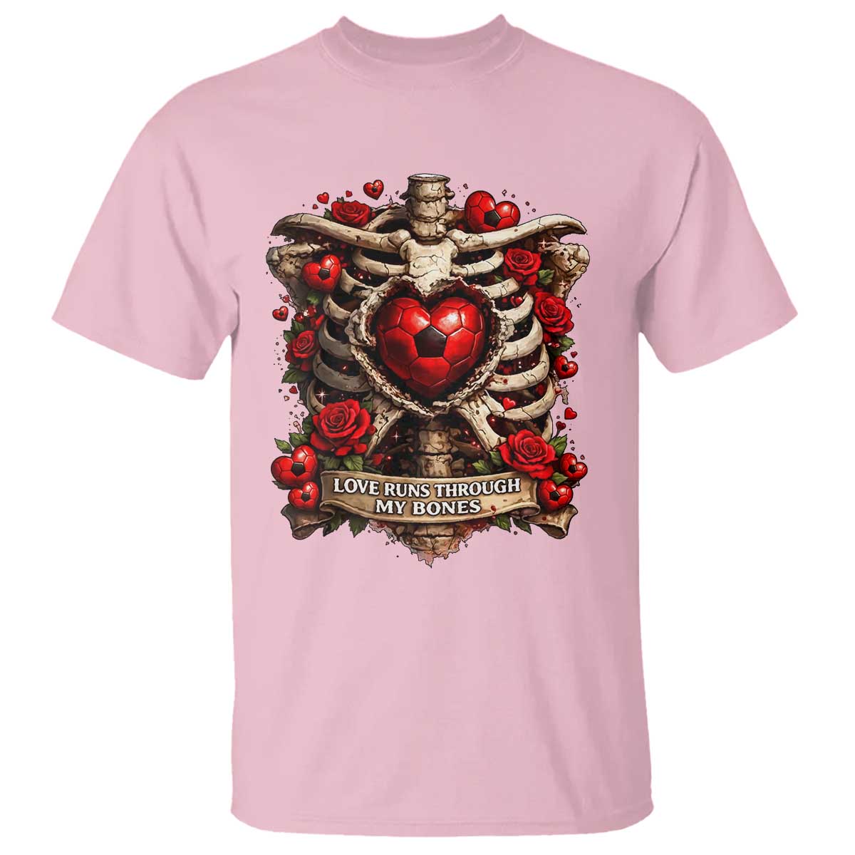 Love Runs Through My Bones T Shirt Funny Skeleton Soccer Player Gift TS12 Light Pink Print Your Wear