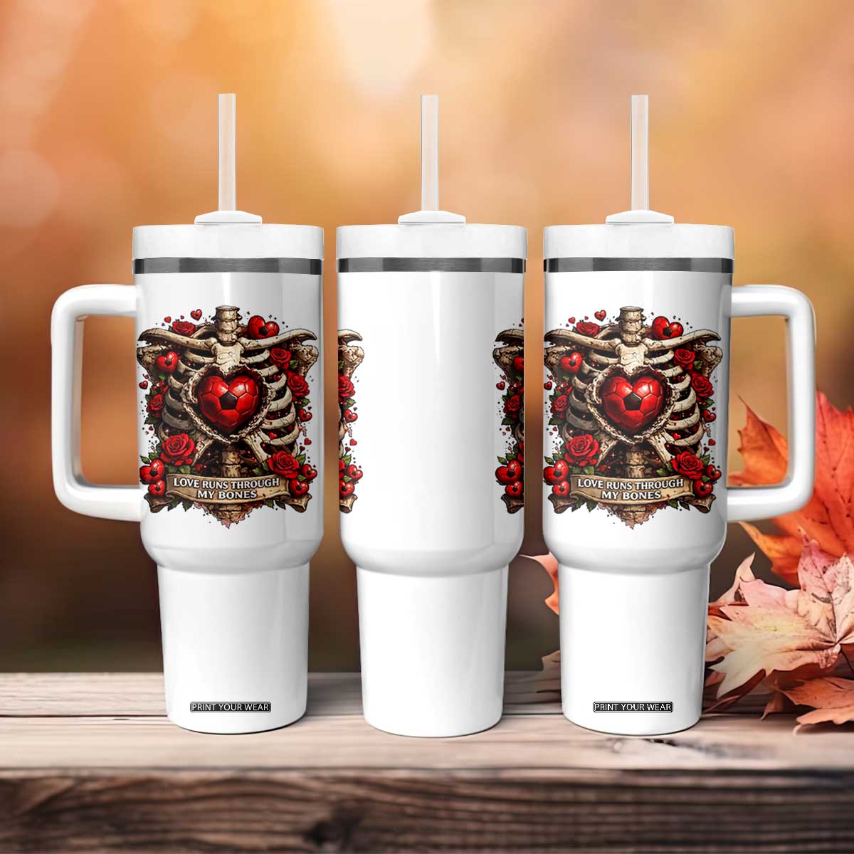 Love Runs Through My Bones Tumbler With Handle Funny Skeleton Soccer Player Gift TS12 Print Your Wear