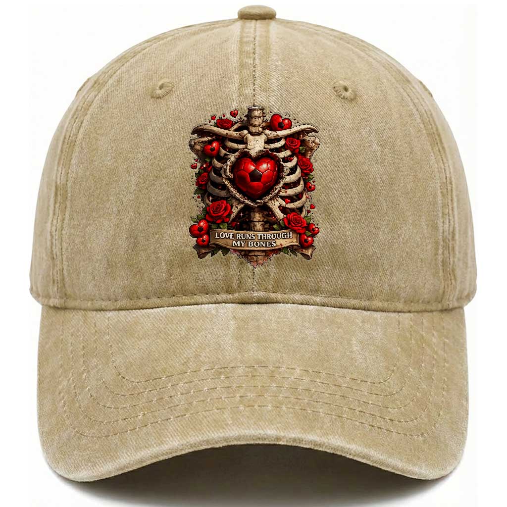 Love Runs Through My Bones Washed Cotton Baseball Cap Funny Skeleton Soccer Player Gift TS12 Print Your Wear