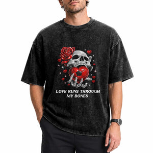 Love Runs Through My Bones Washed Cotton T-Shirt Funny Skeleton Soccer Gift