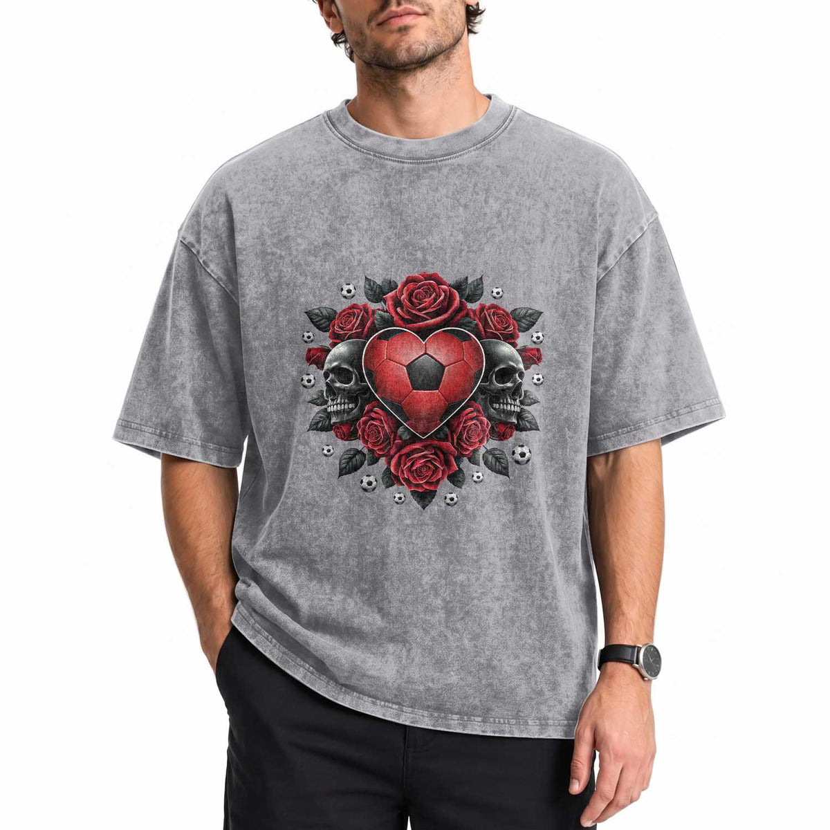 Skeleton Soccer Player Washed Cotton T-Shirt Valentine Day Gift