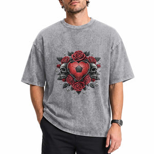Skeleton Soccer Player Washed Cotton T-Shirt Valentine Day Gift