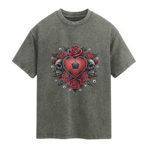 Skeleton Soccer Player Washed Cotton T-Shirt Valentine Day Gift
