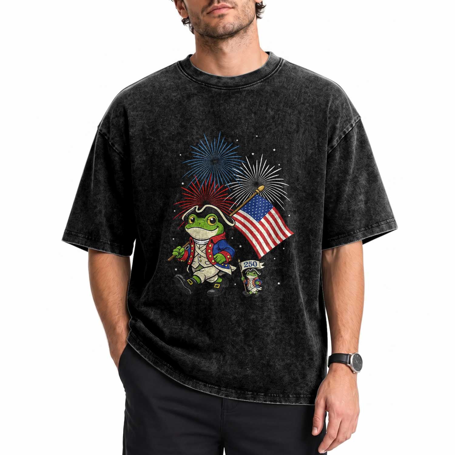 Funny Patriotic Frog Washed Cotton T-Shirt Celebrating 250 Years Of Freedom