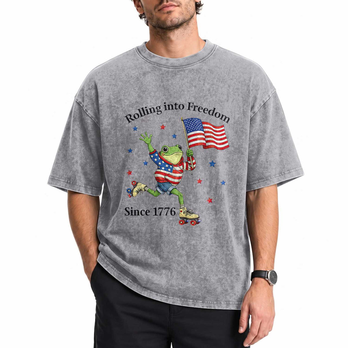 Funny Patriotic Frog Washed Cotton T-Shirt Rolling Into Freedom Since 1776