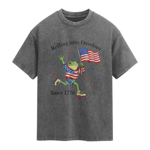 Funny Patriotic Frog Washed Cotton T-Shirt Rolling Into Freedom Since 1776