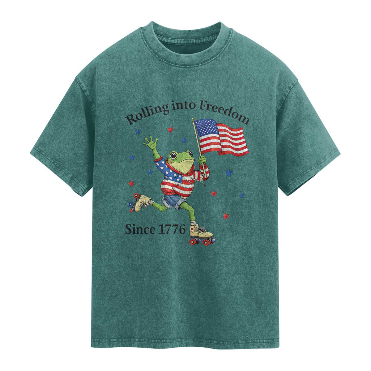 Funny Patriotic Frog Washed Cotton T-Shirt Rolling Into Freedom Since 1776