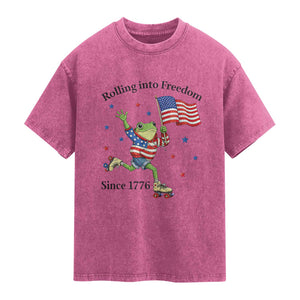 Funny Patriotic Frog Washed Cotton T-Shirt Rolling Into Freedom Since 1776