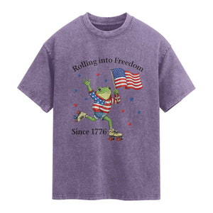 Funny Patriotic Frog Washed Cotton T-Shirt Rolling Into Freedom Since 1776
