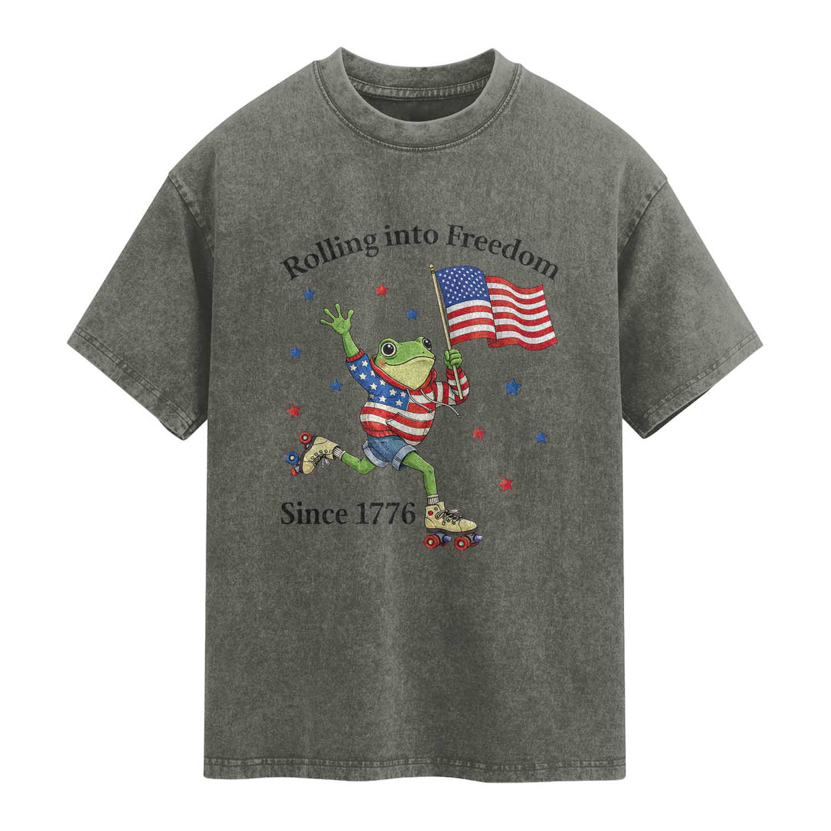 Funny Patriotic Frog Washed Cotton T-Shirt Rolling Into Freedom Since 1776