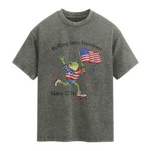 Funny Patriotic Frog Washed Cotton T-Shirt Rolling Into Freedom Since 1776