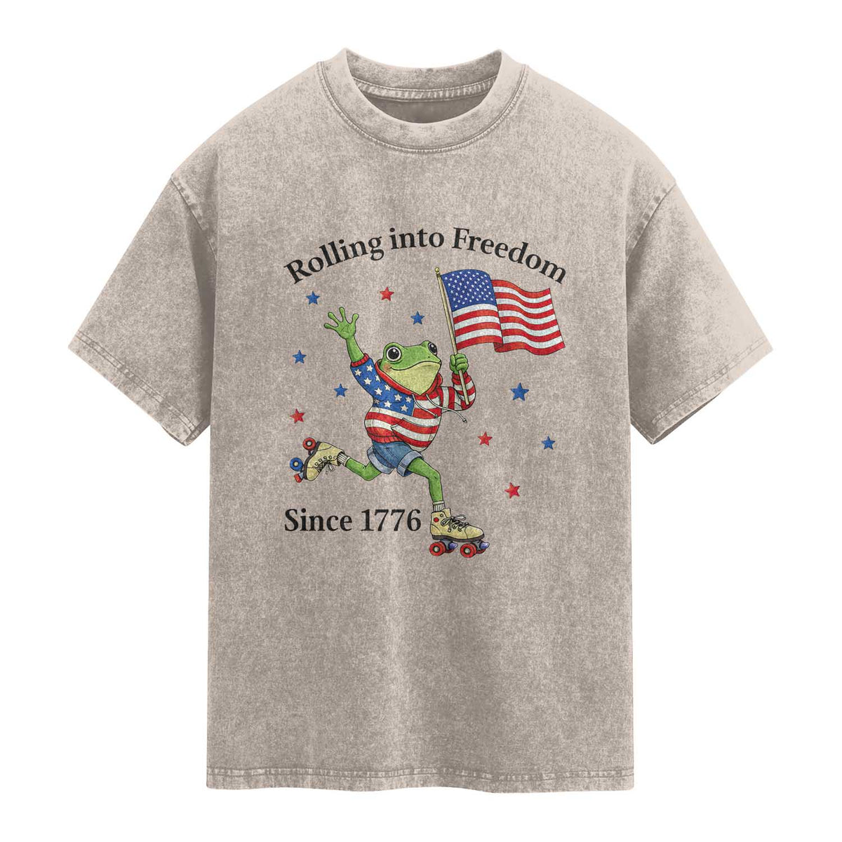 Funny Patriotic Frog Washed Cotton T-Shirt Rolling Into Freedom Since 1776