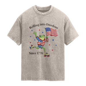 Funny Patriotic Frog Washed Cotton T-Shirt Rolling Into Freedom Since 1776
