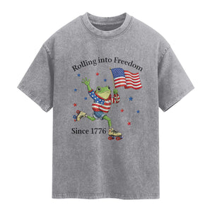Funny Patriotic Frog Washed Cotton T-Shirt Rolling Into Freedom Since 1776