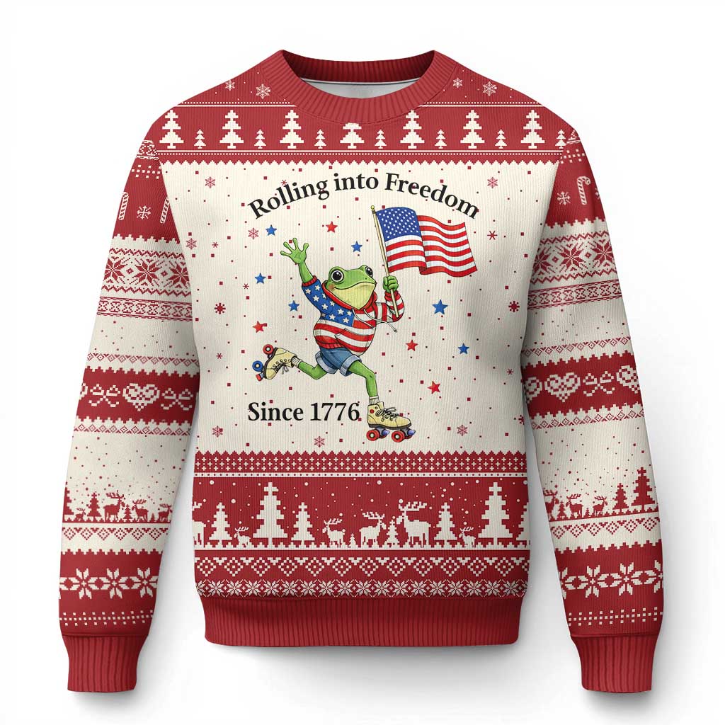 Funny Patriotic Frog Ugly Christmas Sweater Rolling Into Freedom Since 1776 TS12 Beige Red Print Your Wear