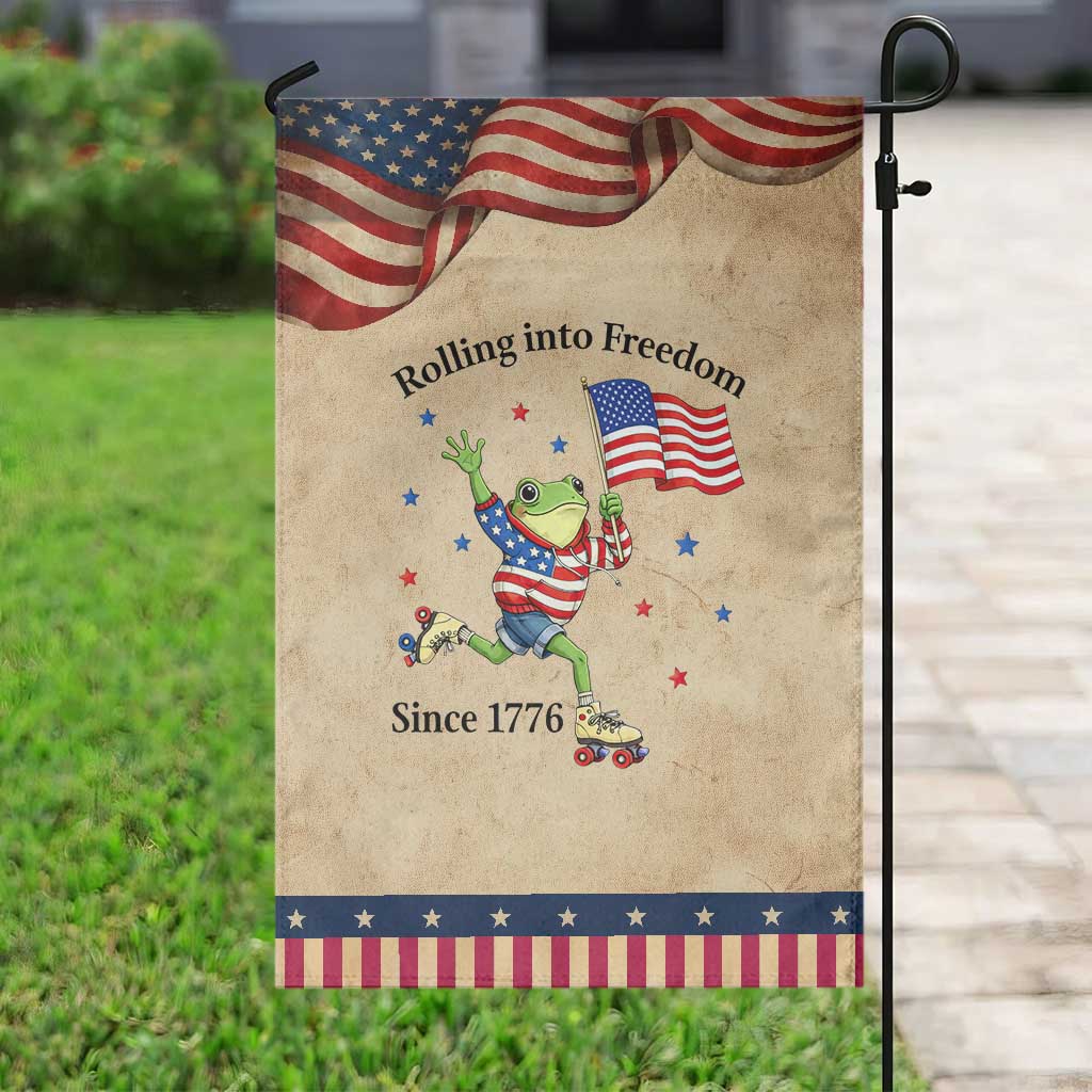 Funny Patriotic Frog Garden Flag Rolling Into Freedom Since 1776 TS12 Vintage Rustic Tan Navy Print Your Wear