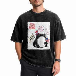 Funny Patriotic Grumpy Frog 250th Anniversary USA Washed Cotton T-Shirt