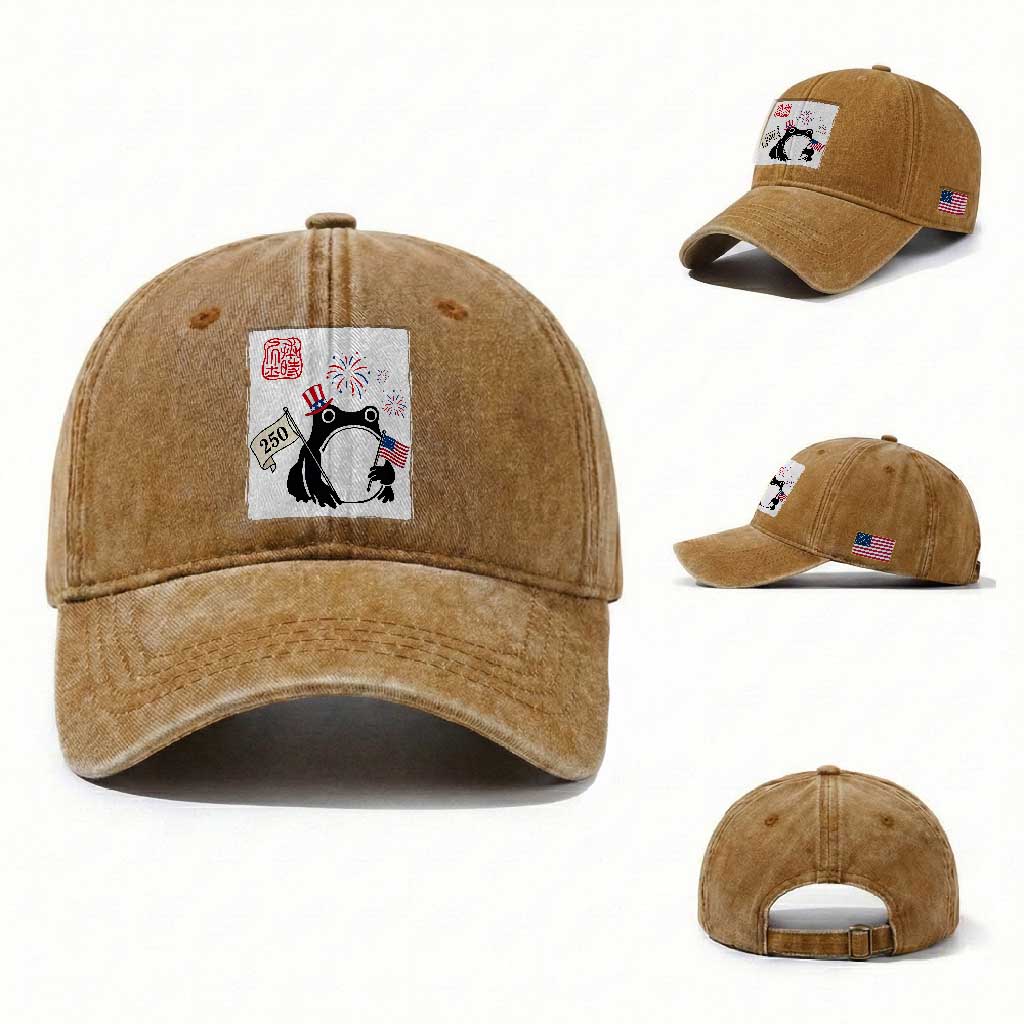 Funny Patriotic Grumpy Frog 250th Anniversary USA Washed Cotton Baseball Cap TS12 Washed Cap Universal Fit Yellow Ochre Print Your Wear