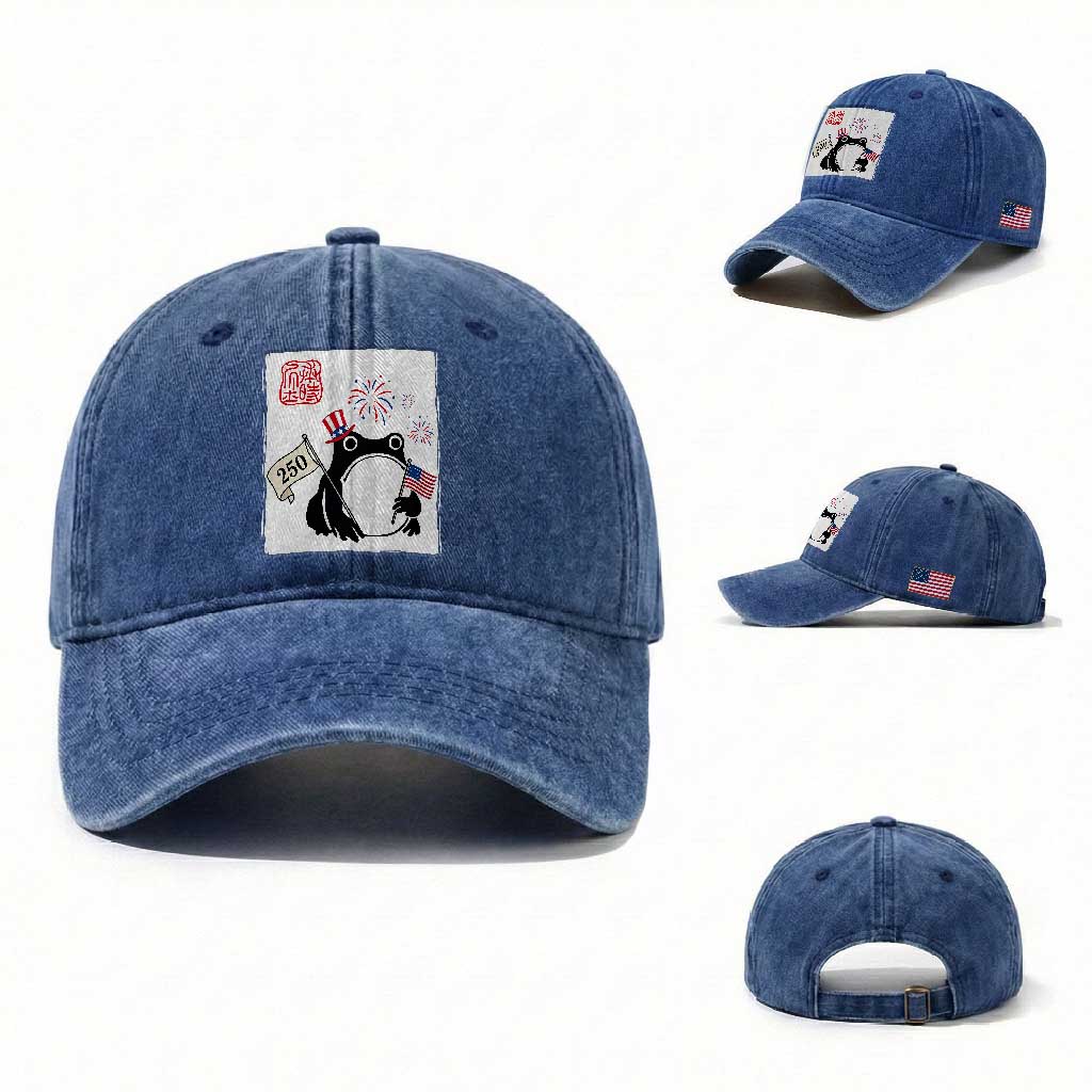 Funny Patriotic Grumpy Frog 250th Anniversary USA Washed Cotton Baseball Cap TS12 Washed Cap Universal Fit Royal Blue Print Your Wear