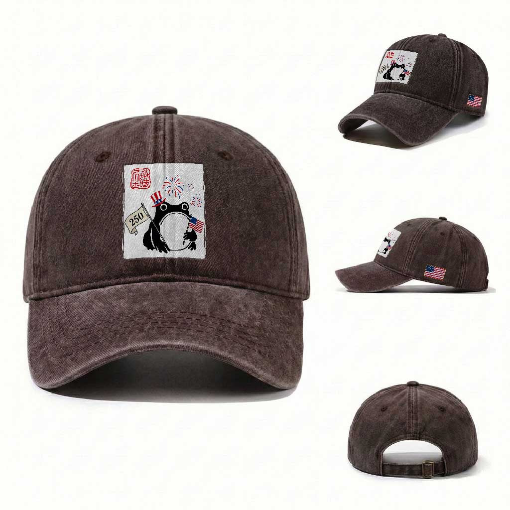 Funny Patriotic Grumpy Frog 250th Anniversary USA Washed Cotton Baseball Cap TS12 Washed Cap Universal Fit Dark Brown Print Your Wear