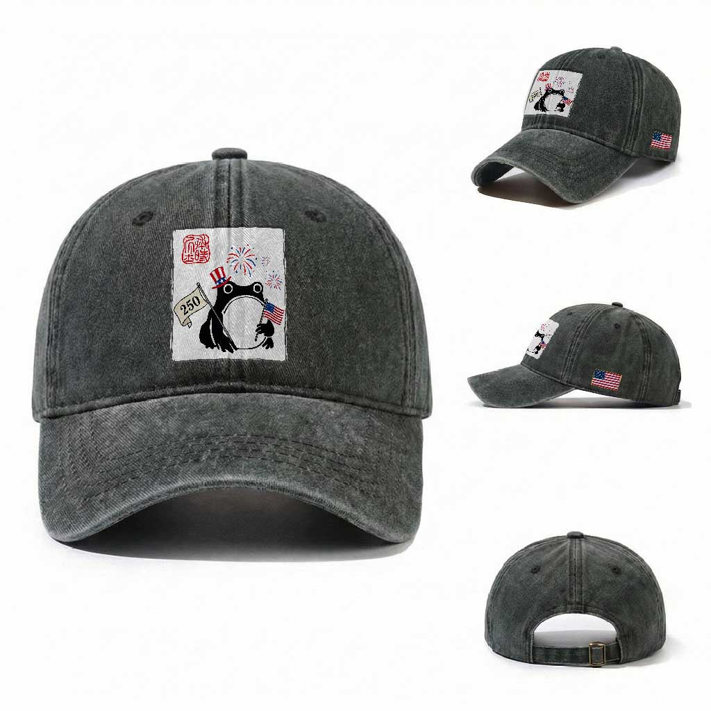 Funny Patriotic Grumpy Frog 250th Anniversary USA Washed Cotton Baseball Cap TS12 Washed Cap Universal Fit Dark Green Print Your Wear