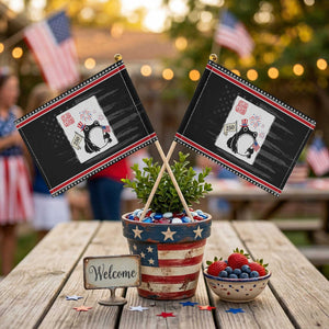 Funny Patriotic Grumpy Frog 250th Anniversary USA Patriotic Handheld Flag TS12 Distressed 8.2" × 5.5" Black Red Print Your Wear