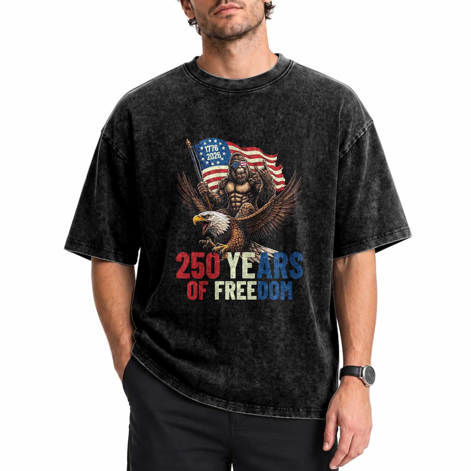 Funny Patriotic Bigfoot Washed Cotton T-Shirt 250 Years Of American Freedom