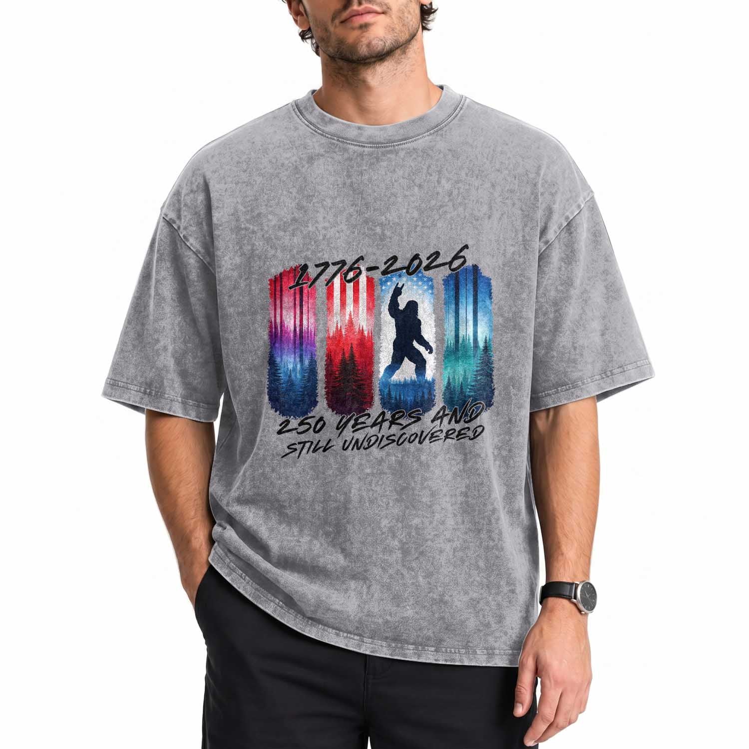 Funny Patriotic Bigfoot Washed Cotton T-Shirt 250 Years And Still Undiscovered