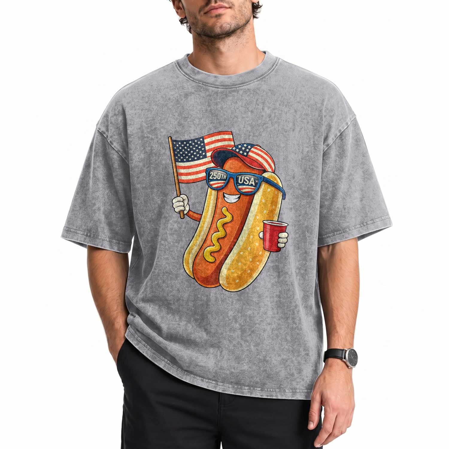 Funny Patriotic Hotdog Washed Cotton T-Shirt USA 250th Anniversary