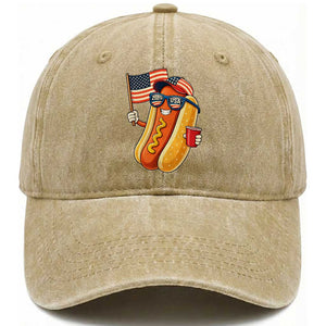Funny Patriotic Hotdog Washed Cotton Baseball Cap USA 250th Anniversary TS12 Washed Cap Universal Fit Khaki Print Your Wear