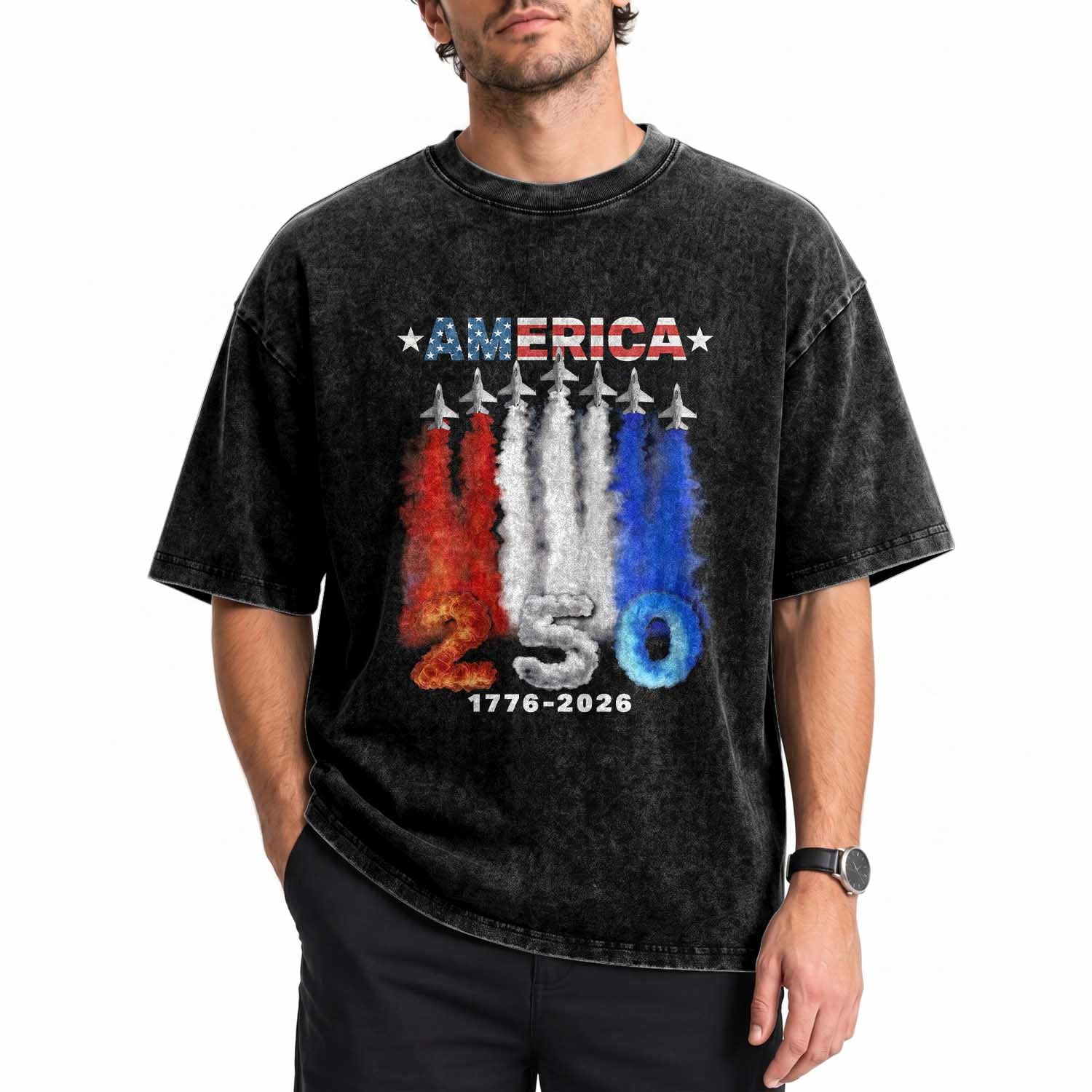 Patriotic Fighter Jets Washed Cotton T-Shirt USA 250 Years Of Freedom