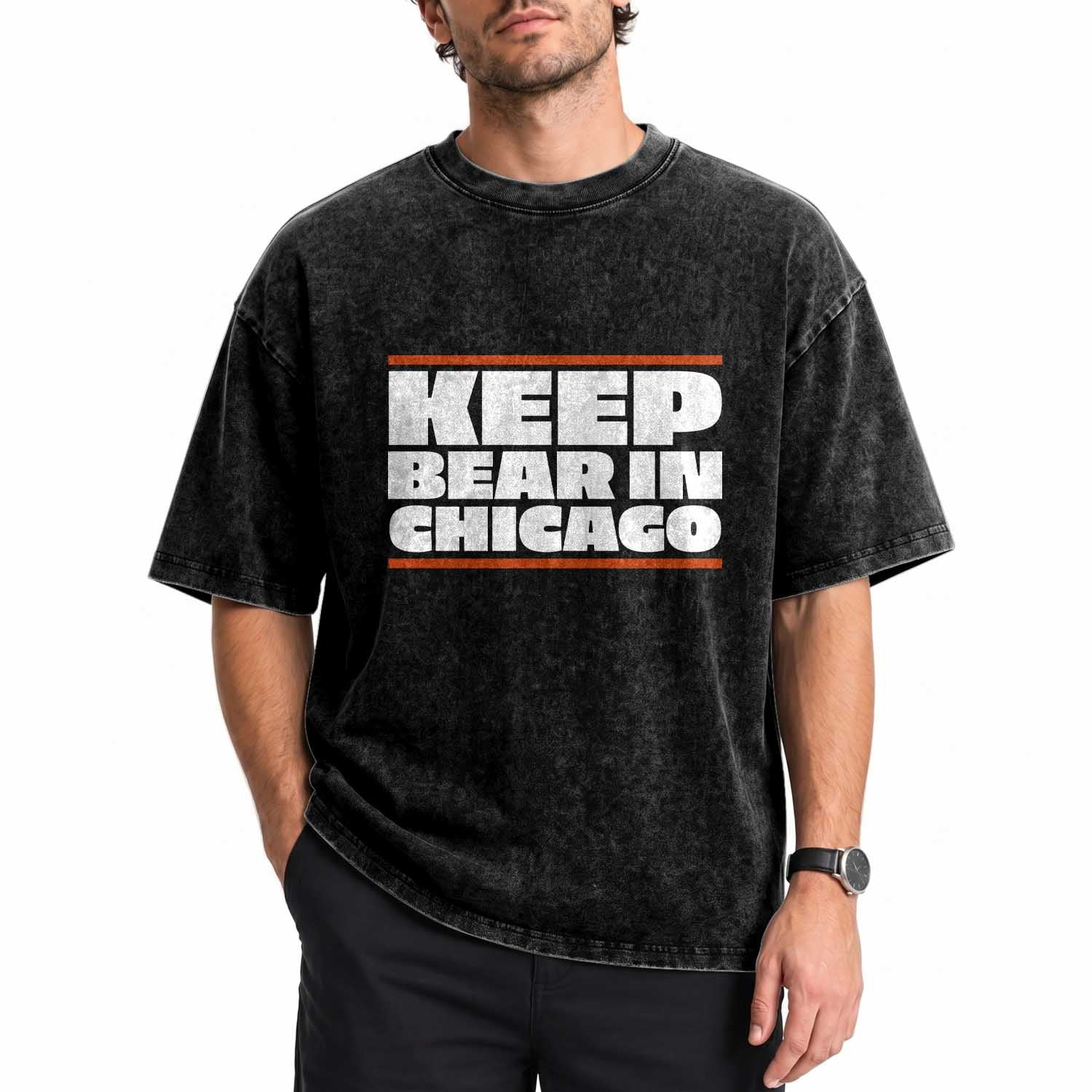 Keep Bear In Chicago CFB Washed Cotton T-Shirt Funny Football Fan Pride