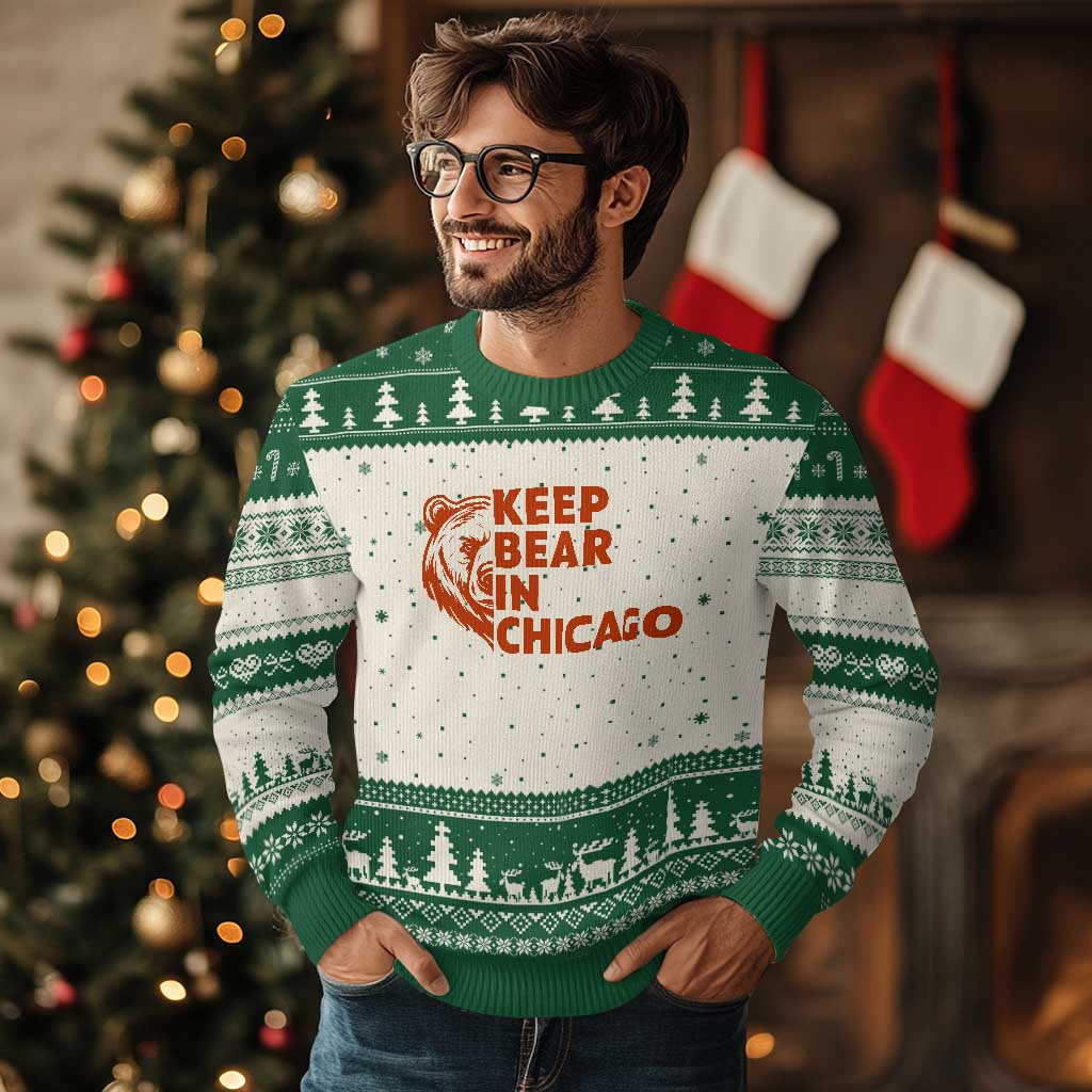 Keep Bear In Chicago CFB Ugly Christmas Sweater Gift For Sports Lovers TS12 Beige Green Print Your Wear
