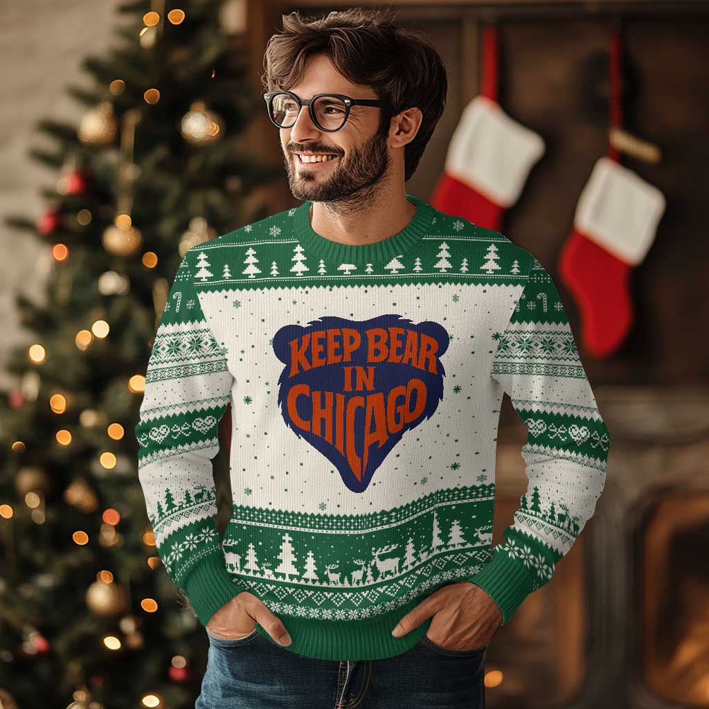 Keep Bear In Chicago CFB Ugly Christmas Sweater Gift For Football Lovers TS12 Beige Green Print Your Wear