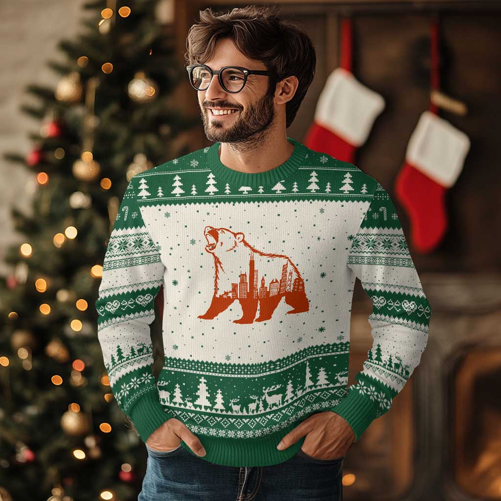 Chicago Skyline Bear Ugly Christmas Sweater Urban Streetwear Gift TS12 Beige Green Print Your Wear