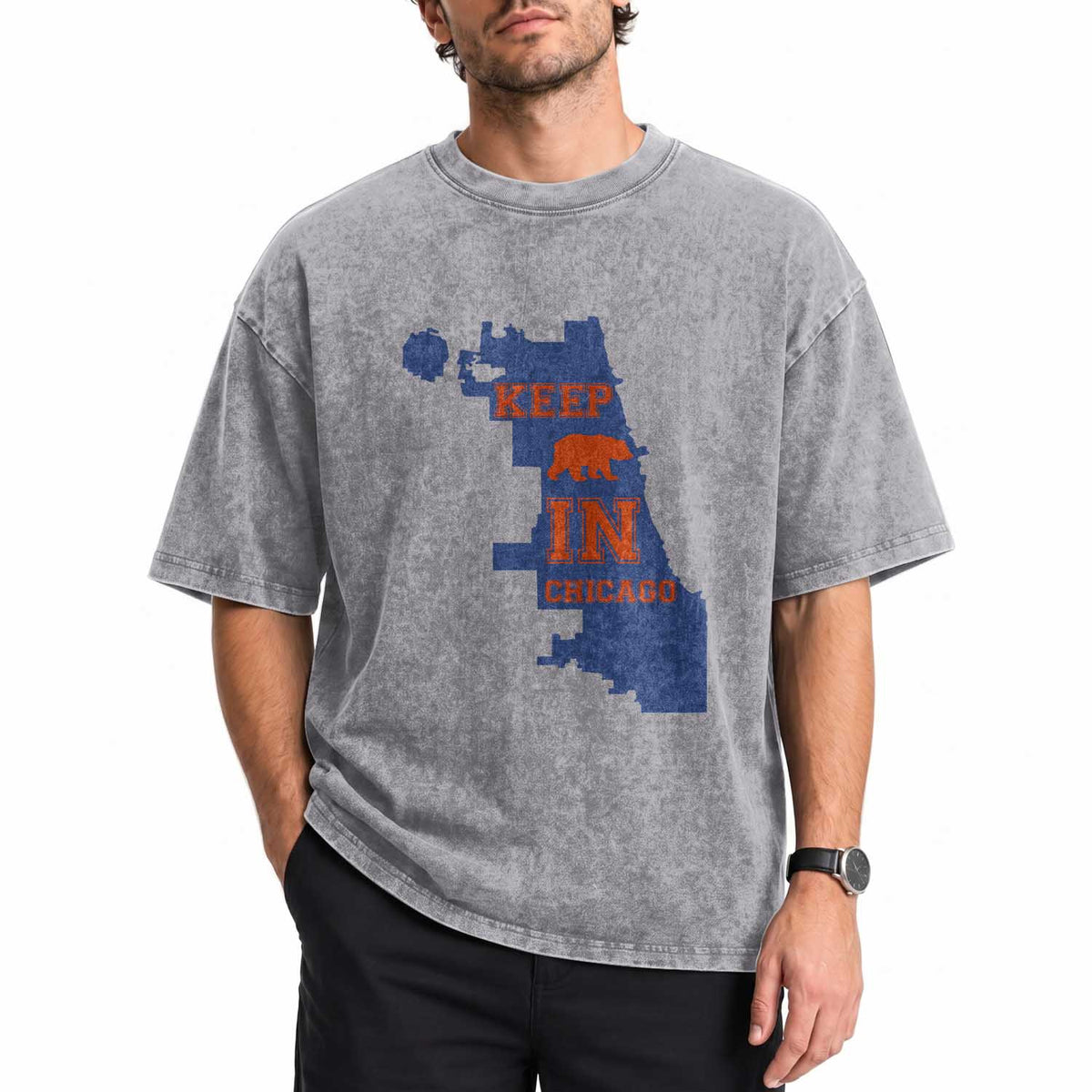 Chicago Map Bear Keep The Team Washed Cotton T-Shirt Funny City Pride Gift
