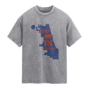 Chicago Map Bear Keep The Team Washed Cotton T-Shirt Funny City Pride Gift
