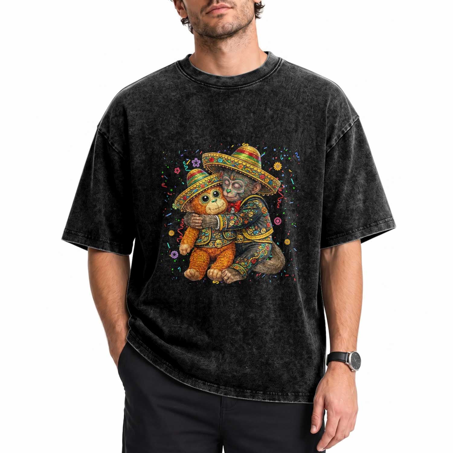 Funny Punch Baby Monkey Cinco De Mayo Washed Cotton T-Shirt Mexican Fiesta Gift