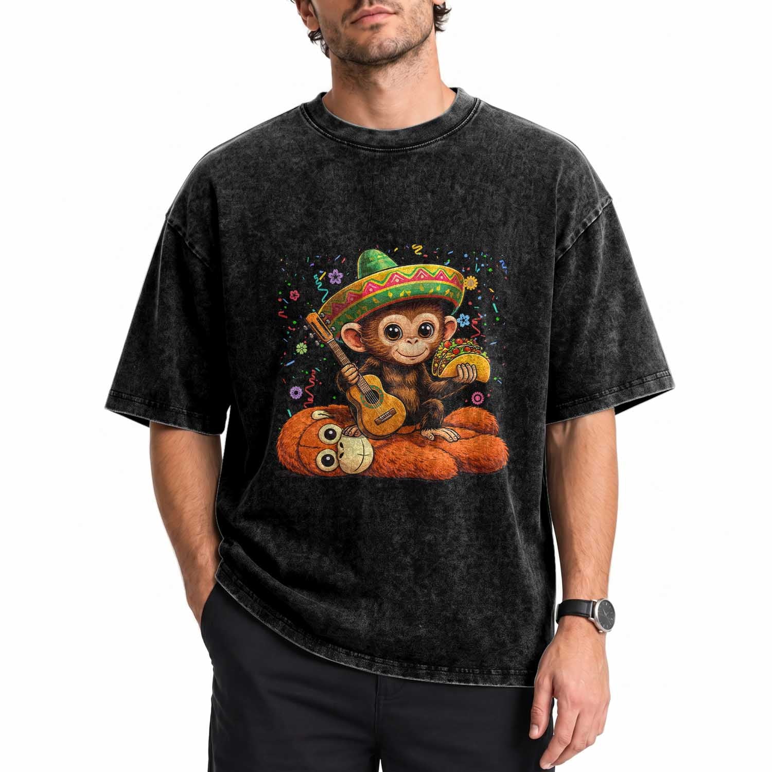 Cute Punch Baby Monkey Cinco De Mayo Washed Cotton T-Shirt Funny Animal Gift