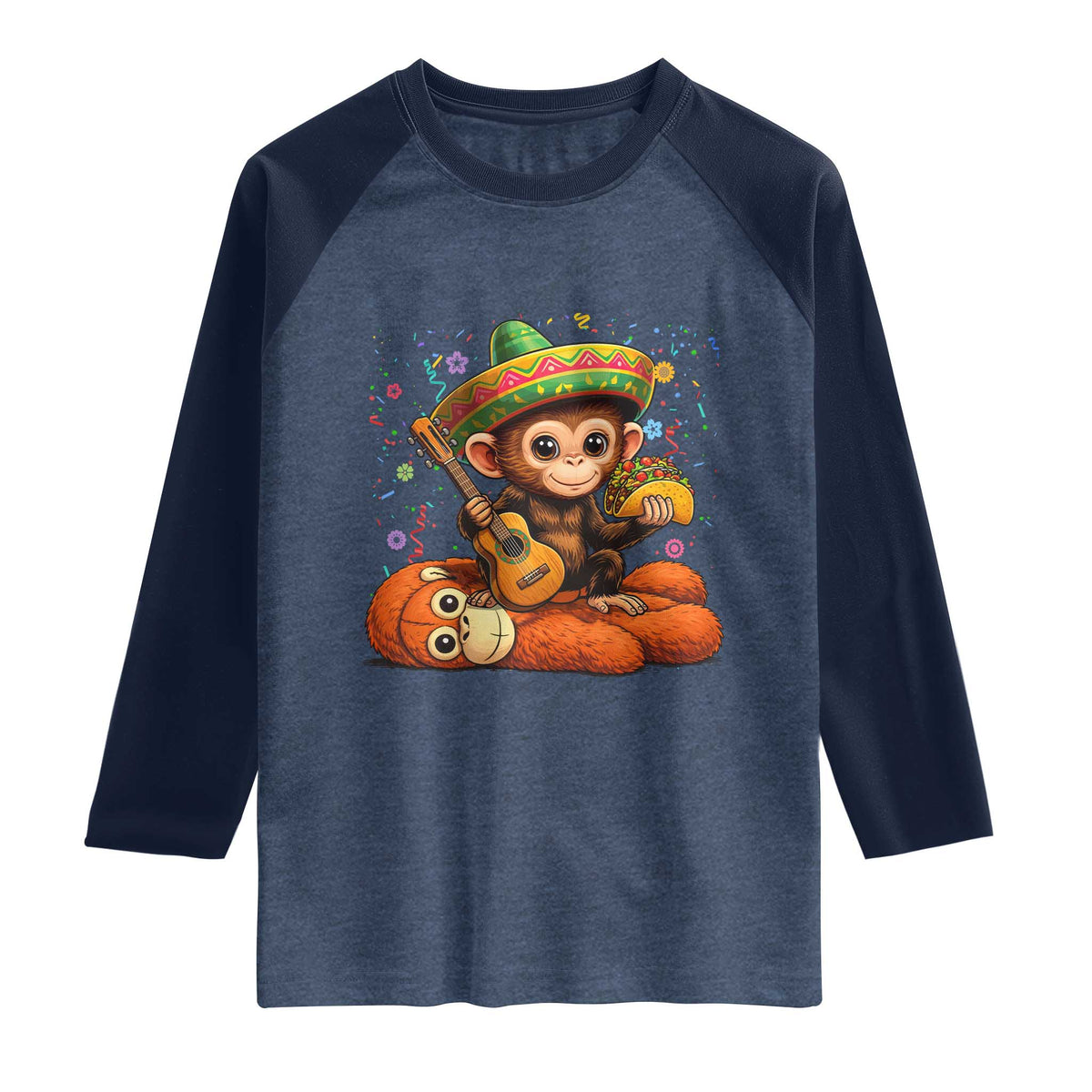 Cute Punch Baby Monkey Cinco De Mayo Raglan Shirt Funny Animal Gift TS12 Heather Denim Navy Print Your Wear