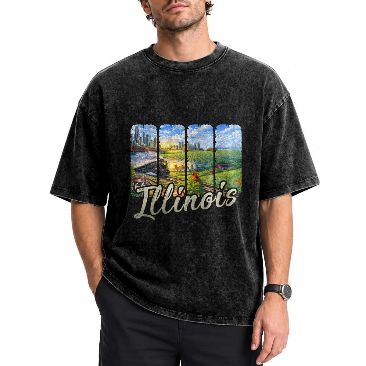 Vintage Illinois State Route Highway 66 Washed Cotton T-Shirt Southwest Souvenir