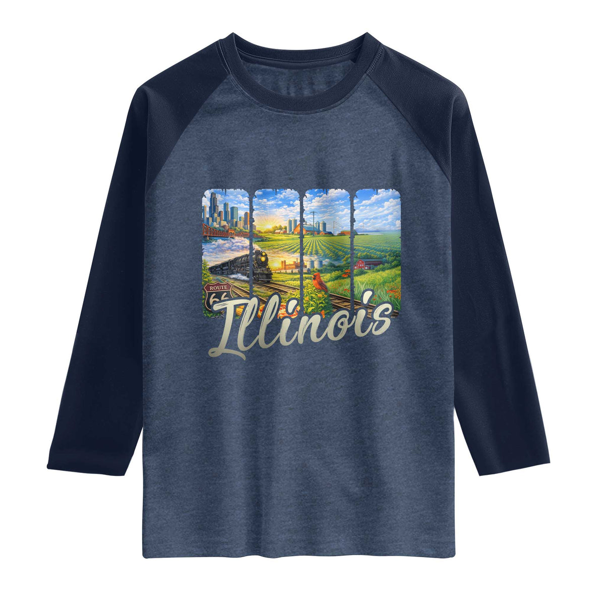Vintage Illinois State Route Highway 66 Raglan Shirt Southwest Souvenir TS12 Heather Denim Navy Print Your Wear